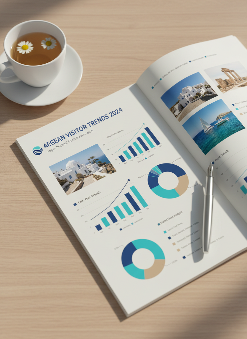 A detailed, close-up photographic image of an elegant printed tourism report produced by a regional association, opened on a matte light-wood table. The pages display clear infographics of visitor trends, colorful pie charts, and high-quality photos of Aegean coastal landmarks, all using a cohesive color palette of deep blue, turquoise, and soft sand tones. Nearby, a slim silver pen rests diagonally across the page, and a simple ceramic cup of herbal tea (with no visible hands) sits on a plain white coaster. Natural daylight from the right creates soft highlights on the glossy charts and subtle shadows along the paper’s edges. Shot from a top-down angle with shallow depth of field focused on the report’s center, the mood is analytical, transparent, and trustworthy.