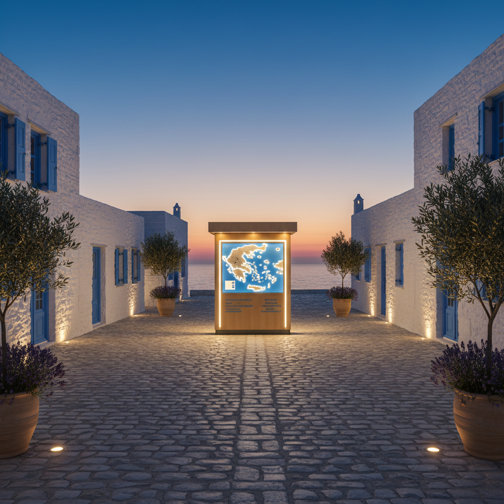 A serene Aegean coastal village square at dusk, captured in photographic realism, with traditional whitewashed stone buildings and blue-painted shutters surrounding a small, well-lit central plaza. In the middle stands a tasteful information kiosk with a large, backlit map and clean signage promoting regional cultural routes and eco-friendly tourism activities. Decorative potted olive trees and lavender line the cobblestone ground, and subtle LED path lights guide the way. The sky transitions from deep blue to warm orange near the horizon, with soft ambient lighting casting gentle shadows along the walls. Eye-level composition, balanced and uncluttered, conveying a calm, welcoming atmosphere that highlights well-managed, community-oriented tourism infrastructure without showing any people.
