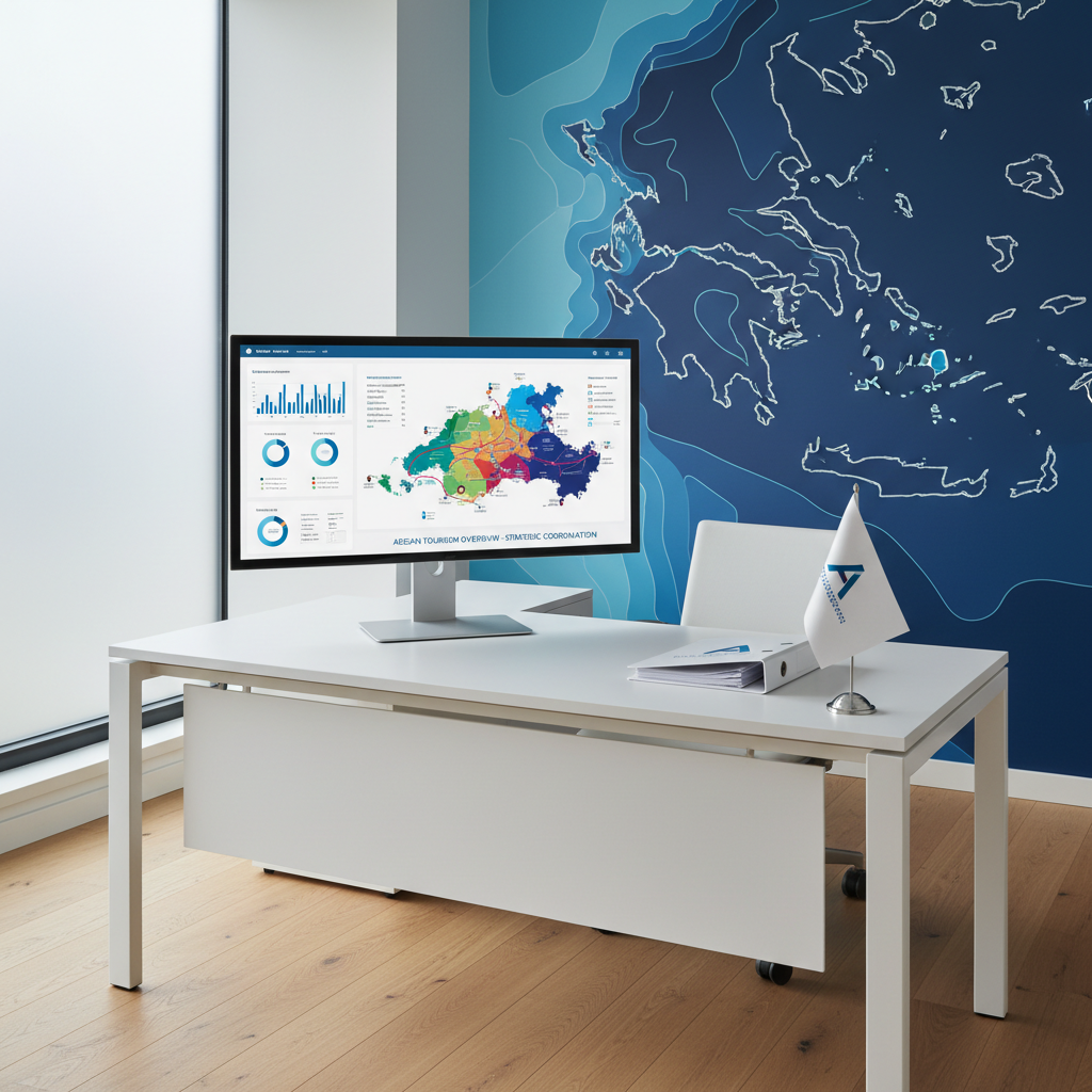 A modern, minimalist office corner of a regional tourism association in the Aegean, rendered in photographic realism. A sleek white desk holds a large, ultra-thin monitor displaying a clean dashboard of tourism statistics and colorful regional maps. Next to it, branded folders and a subtle desktop flag show a refined logo in deep blue and turquoise. Behind the desk, a large wall graphic of the Aegean coastline in stylized contours adds visual interest. Soft, diffused daylight enters from a tall frosted window, creating an evenly lit, professional environment with gentle shadows under the desk. Shot from a slightly elevated, three-quarter angle, the composition is tidy and organized, expressing transparency, professionalism, and strategic coordination of tourism activities without any people present.