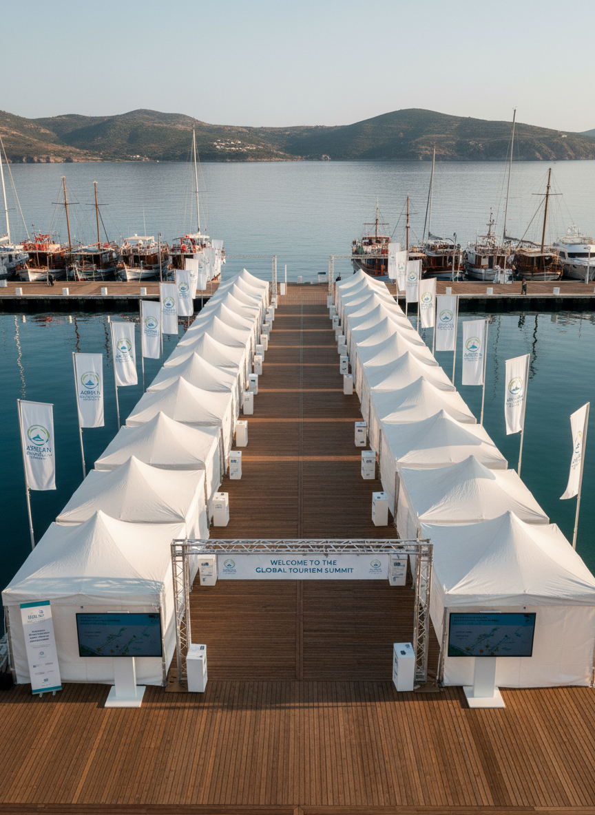 A high-angle, photographic view of a well-organized coastal event area prepared for a tourism conference, set along an Aegean harbor. Crisp white canopies and information tents form tidy rows on a wide wooden pier, each tent featuring subtle, coordinated signage with a regional tourism association’s branding in blue and sea-green. Banners gently hang from metal frames, and information boards stand near the entrance. The calm sea reflects the soft morning light, with a backdrop of low hills and anchored boats. The lighting is bright but slightly diffused, giving clear details without harsh contrasts. The composition emphasizes geometry and order, with clean lines and sharp focus, suggesting a professionally managed, large-scale tourism event without including any participants or staff.