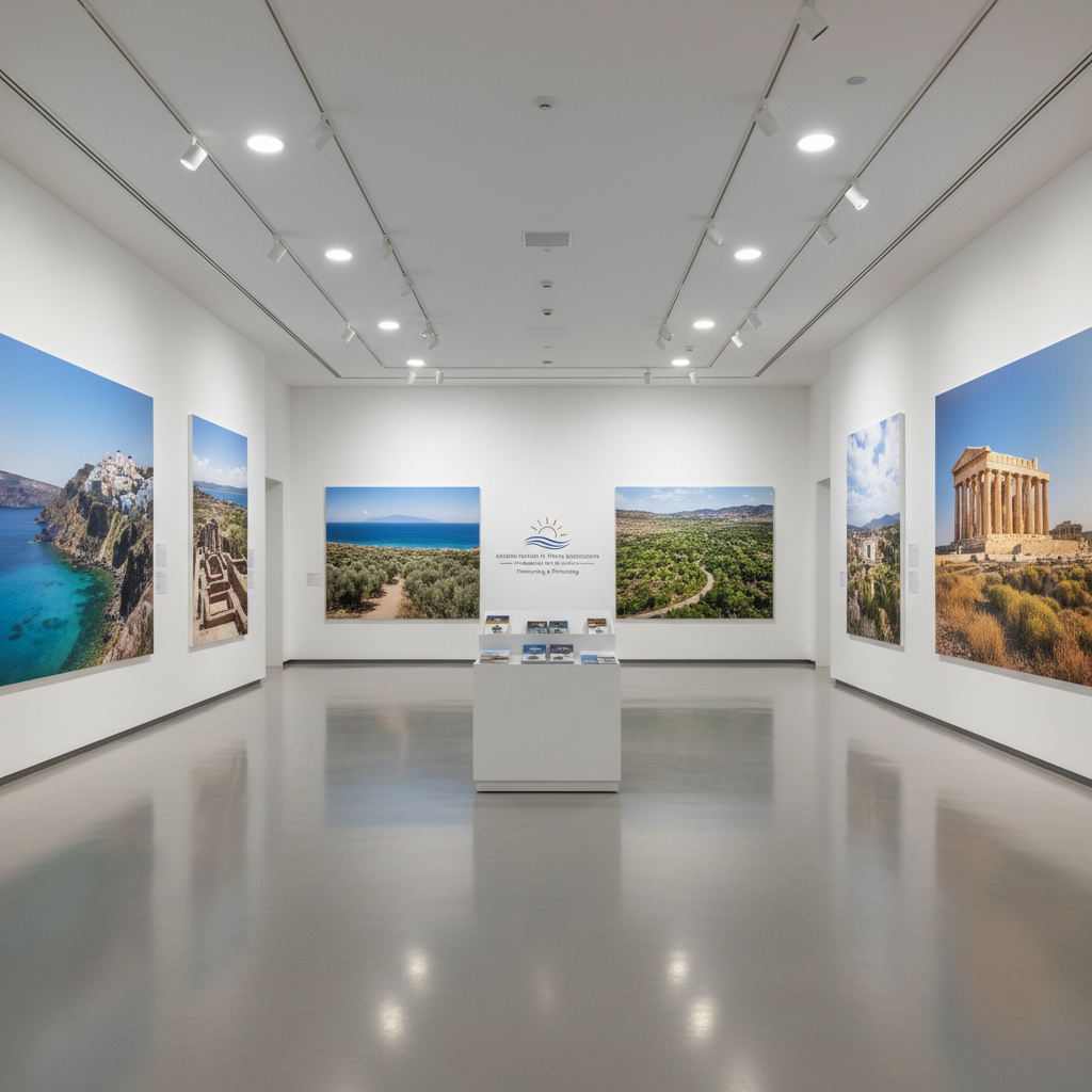 An indoor exhibition space dedicated to Aegean tourism, featuring a series of large, high-resolution photographic panels mounted on clean white walls, each depicting different coastal landscapes, historical sites, and nature reserves. In the center of the room stands a minimalist white information stand with neatly arranged multilingual brochures and a small, tasteful sign of a regional tourism association. The polished light-gray floor reflects soft, even gallery lighting from recessed ceiling fixtures, creating a professional, museum-like atmosphere. Shot from a wide, slightly elevated perspective with sharp focus throughout, the mood is educational, formal, and inspiring, emphasizing the association’s mission to promote and protect the region’s tourism assets, with no human figures present anywhere in the scene.