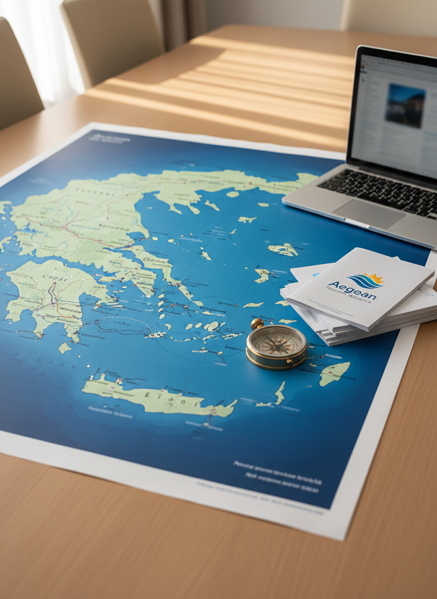 A close-up, photographic image of a detailed map of the Aegean region spread across a light wood conference table, showing coastal cities, islands, and key tourism routes in crisp, modern typography and calming blues and greens. Beside the map lie neatly stacked brochures with the logo of a tourism association, a polished metal compass, and a slim silver laptop half-open, all carefully arranged. Soft daylight from an unseen window washes across the table from the left, creating gentle highlights on glossy paper and subtle shadows along the map’s folds. Shot from a slightly elevated angle with moderate depth of field, the mood is strategic, professional, and organized, emphasizing planning and coordination of regional tourism without any human presence.