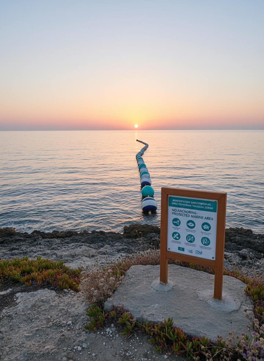 A photographic, sunrise view of a protected Aegean marine area, with calm, glassy water gently lapping against a rocky shoreline covered in hardy coastal vegetation. Multiple discrete floating buoys form a clear, organized boundary line for a no-anchoring zone, each buoy painted in coordinated colors that match a regional tourism association’s branding. An informational signboard stands on the rocky ledge, illustrating marine species and conservation rules with clean icons and bilingual text. The early morning light casts a warm golden hue over the rocks and plants, while the sky transitions from soft pink to pale blue. Captured from a low, shore-level angle with the buoys leading the eye into the distance, the atmosphere is serene and protective, emphasizing sustainable, regulated tourism without any boats or people.
