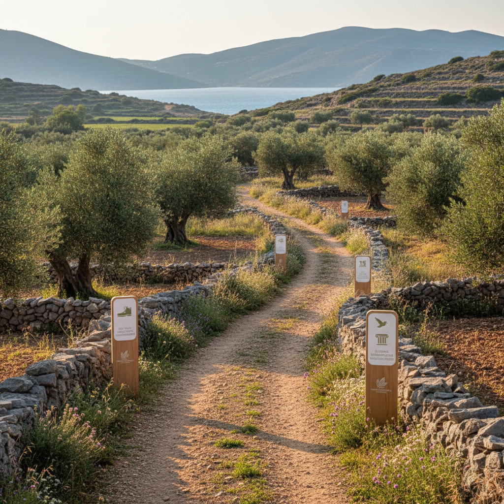 A carefully composed photographic scene of sustainable tourism in the Aegean countryside: a gently winding dirt path bordered by low stone walls, leading through terraced olive groves and fragrant wild herbs toward distant blue hills and a glimpse of the sea. Discreet wooden signposts with clear, modern icons indicate eco-trails, birdwatching points, and cultural heritage routes. Soft late-afternoon sunlight filters through silvery olive leaves, creating dappled light on the path and warm highlights on the stone. Captured at eye level, using the rule of thirds to place the path diagonally through the frame, the atmosphere is tranquil and respectful of nature, illustrating responsible, low-impact tourism initiatives supported by a regional nonprofit, with no people in sight.